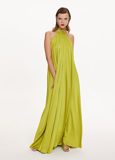 Nida Green Halter Neck Embroidered Women's Long Evening Dress