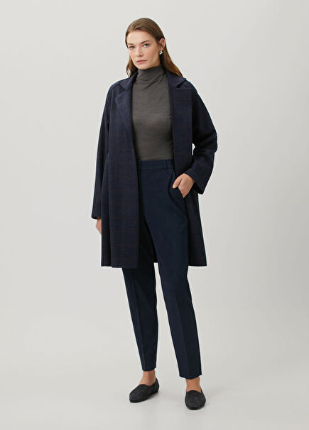 Navy Blue Brown Wool Coat