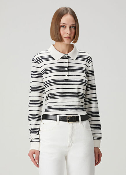 Navy Blue Cream Striped Linen T-Shirt