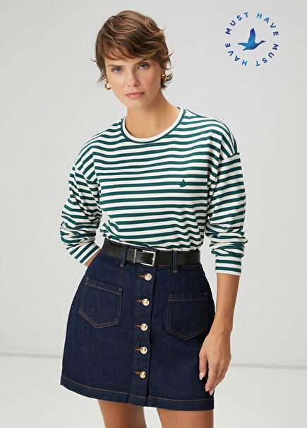 Green Ecru Striped Basic Sweatshirt
