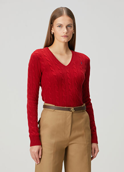 Kırmızı Saç Örgü Yün Kazak