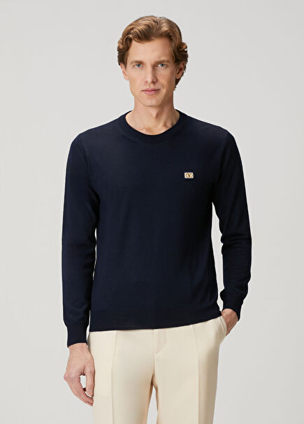 Lacivert Logo Detaylı Yün Kazak