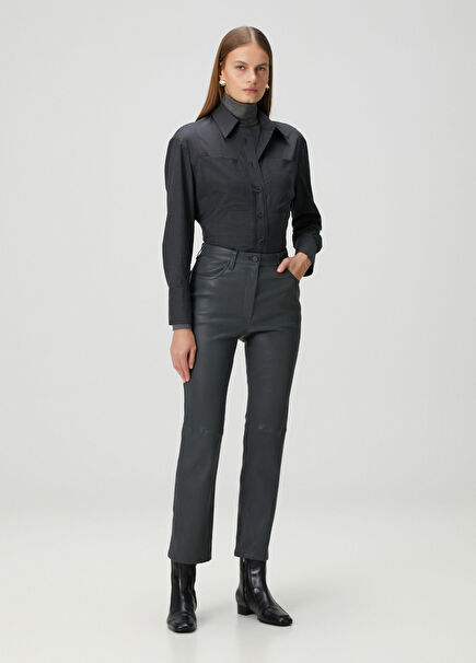 Koyu Gri Deri Pantolon