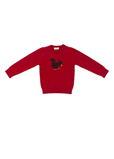 Acorn Squirrel Patterned Dark Red Girl's Knitwear Sweater