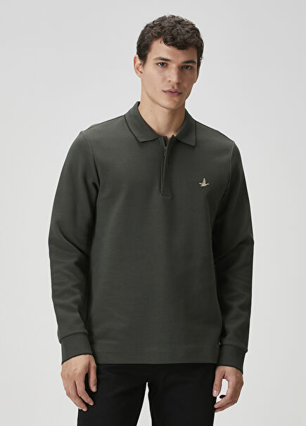 Comfort Fit Haki Ottoman Dokulu Polo Sweatshirt