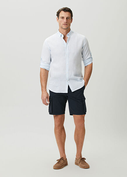 Navy Blue Linen Cargo Bermuda