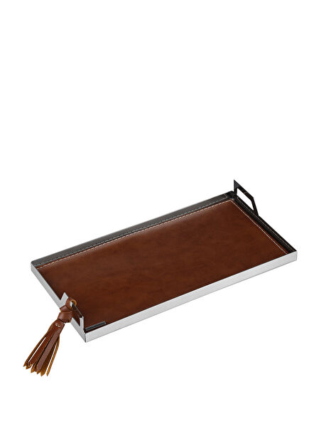 Tan Leather Steel Tasseled Large Size Tray 28.5 cm