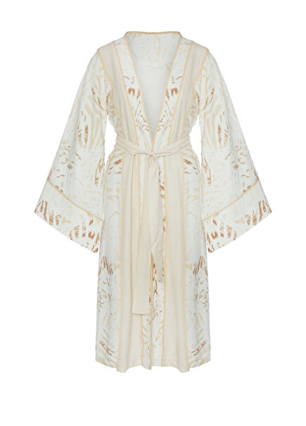 Woven Linen Special Print Patterned Ecru White Kimono