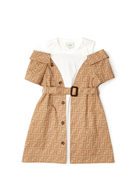 Brown White Shoulder Detailed Girls Dress