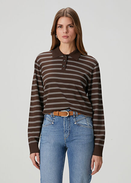 Madison Kahverengi Çizgili Uzun Kol Polo T-shirt