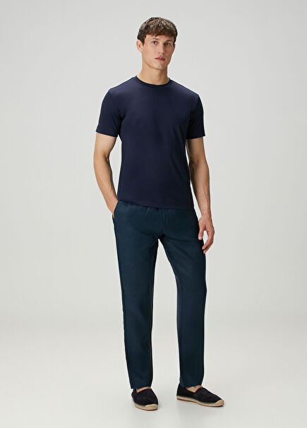 Lacivert Beli Kordonlu Keten Pantolon