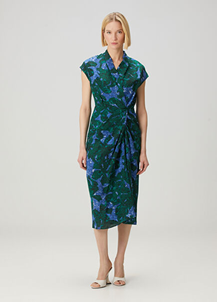 Blue Green Patterned Midi Silk Dress
