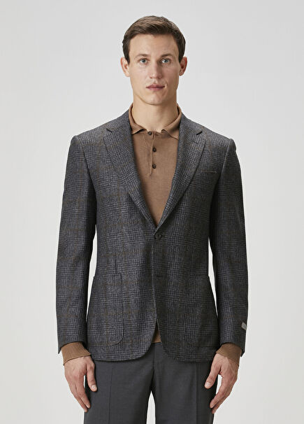 Dark Gray Plaid Pattern Wool Jacket