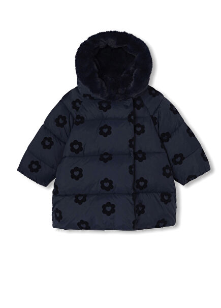 Lacivert Çiçek Motifli Su Tutmaz Kız Bebek Şişme Mont