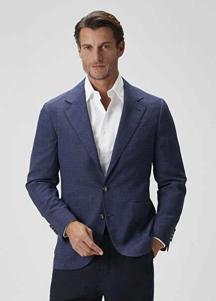 Navy Blue Plaid Patterned Wool Jacket