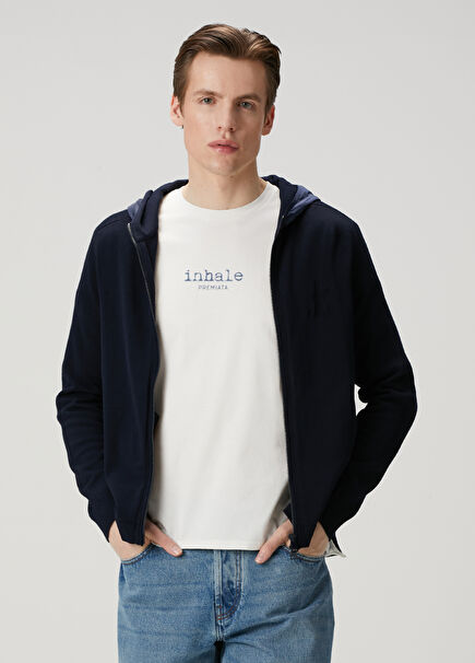 Navy Blue Hooded Knit Cardigan