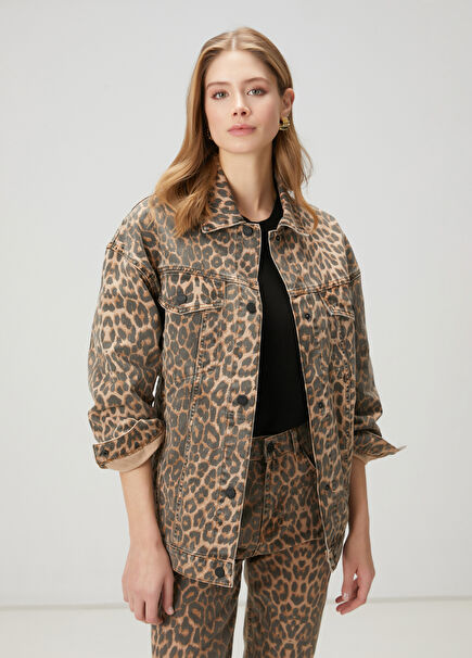 Leopar Desenli Denim Ceket