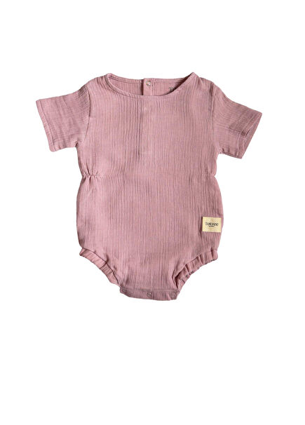 Lila Müslin Belden Büzgülü Kısa Kollu Kız Bebek Tulum