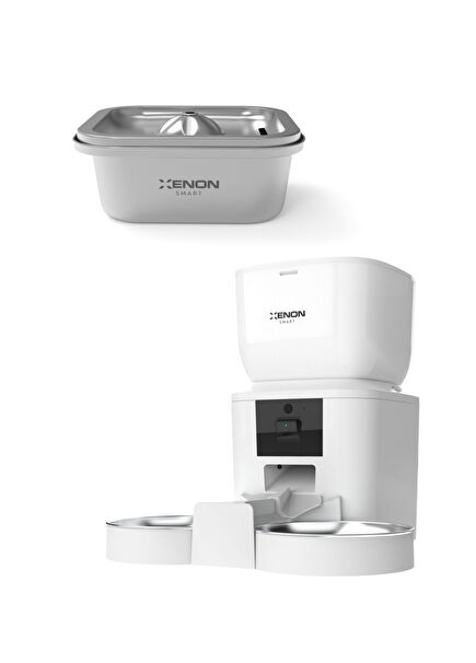 Smart White Automatic Food Bowl and Automatic Steel Cat Water Dispenser 2-Piece Pet Set 4 lt