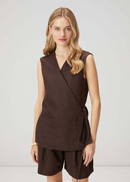 Brown Double-Breasted Long Linen Vest