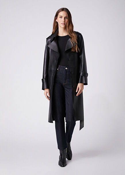Black Belted Leather Top Coat