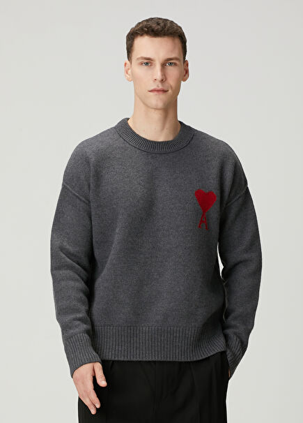 Gri Logo Jakarlı Yün Kazak