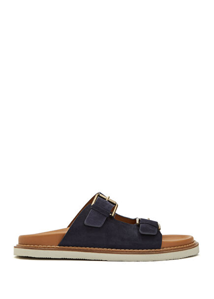 Navy Blue Double Strap Men's Suede Slippers