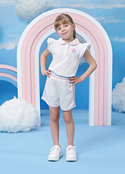 Beyaz Polo Yakalı Fırfır Kollu T-shirt ve Şot Kız Çocuk 2'li Set