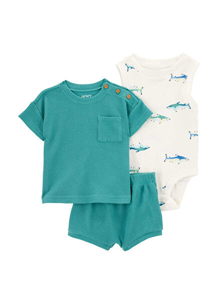 Turkuaz Kısa Kollu T-Shirt Body ve Şort Erkek Bebek 3'lü Set