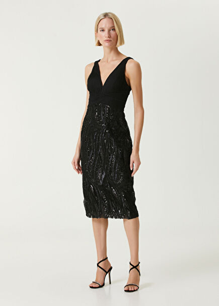 Black Embroidered Midi Cocktail Dress