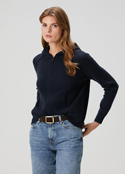 Navy Blue Hooded Cashmere Cardigan