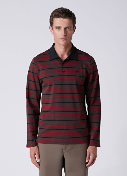 Comfort Fit Brown Red Striped Polo Sweatshirt