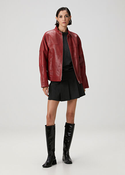 Gri Logo Lastikli Pilili Mini Etek