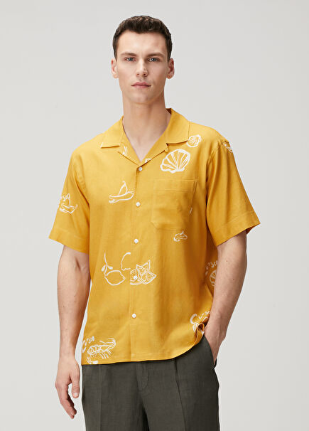 Mustard Figure Pattern Short-Sleeved Linen Shirt