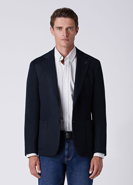 Navy Blue Stitching Striped Textured Blazer