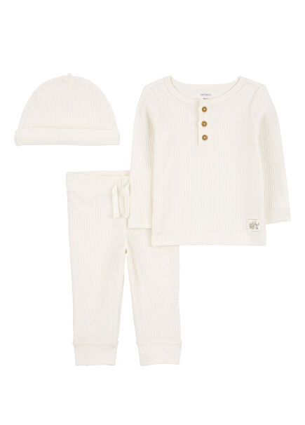 Bej Uzun Kollu Üst & Altı & Şapka Unisex Bebek 3'lü Set