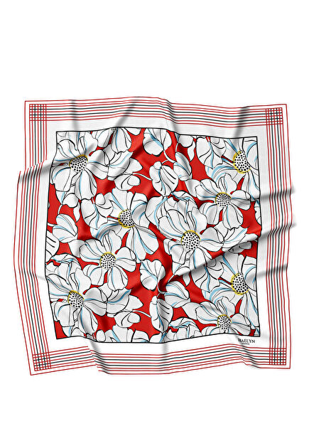Scarlet Blossom Turuncu Beyaz Twill İpek Kadın Eşarp 