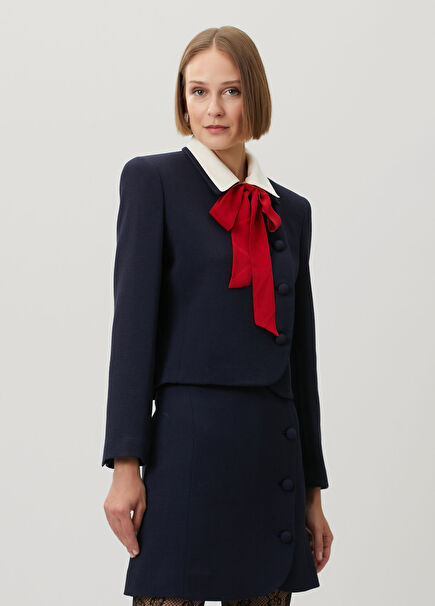 Navy Blue Red Lace-Up Wool Jacket