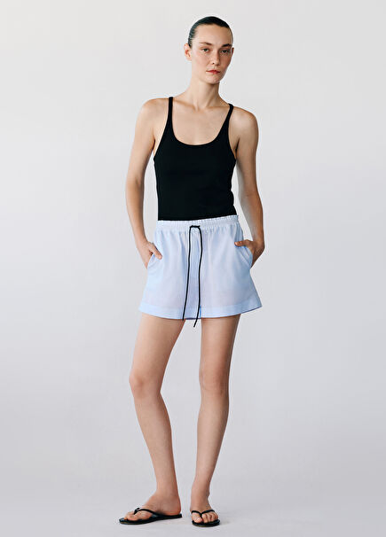 Hutton Light Blue Cotton Linen Double Leg Women's Mini Shorts