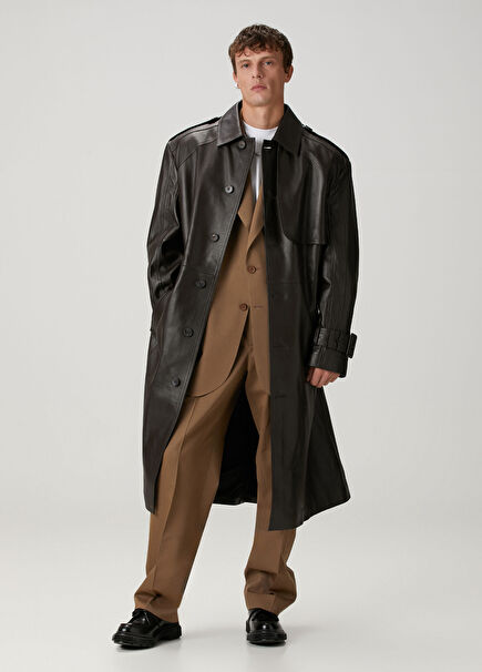 Brown Waist Belt Leather Overcoat