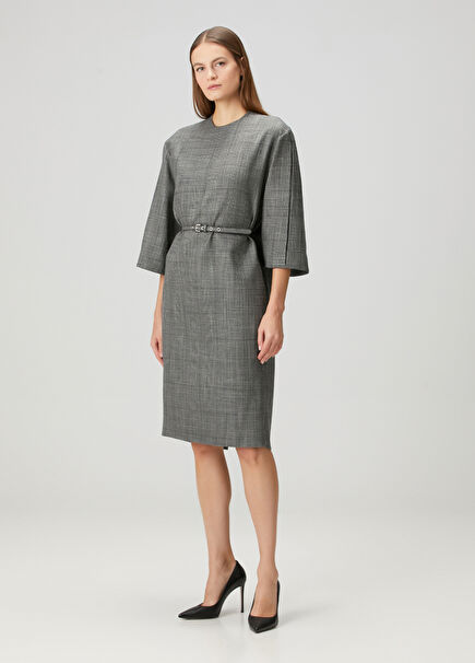 Grey Plaid Midi Wool Dress