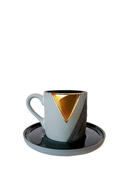 Anthracite Porcelain Black Stone Effect Triangle Detailed Turkish Coffee Cup and Saucer