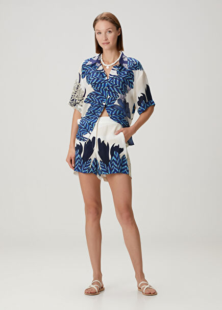 Ariana Blue White Figure Patterned Mini Shorts