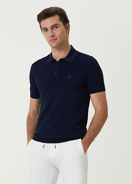 Lacivert Polo Yaka Kaz Nakışlı T-shirt