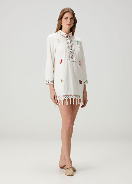 Astoria Krem Nakışlı Mini Elbise