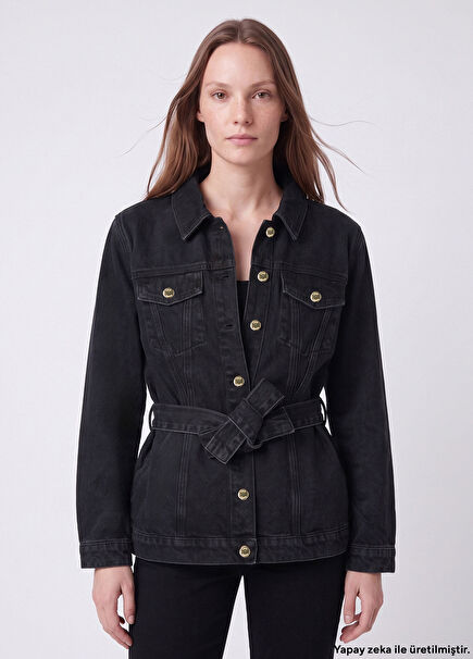 Siyah Beli Kuşaklı Uzun Trucker Jean Ceket