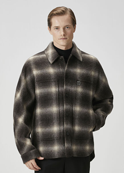 Kahverengi Ekose Desenli Yün Ceket