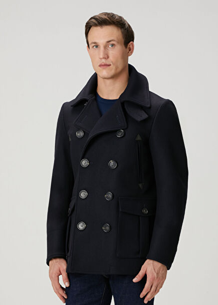 Navy Blue Wool Double-Breasted Coat