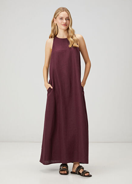Burgundy A-Line Maxi Linen Dress