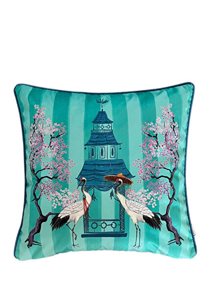 Turna Desenli Turkuaz Dekoratif Kırlent Kılıfı 50x50 cm